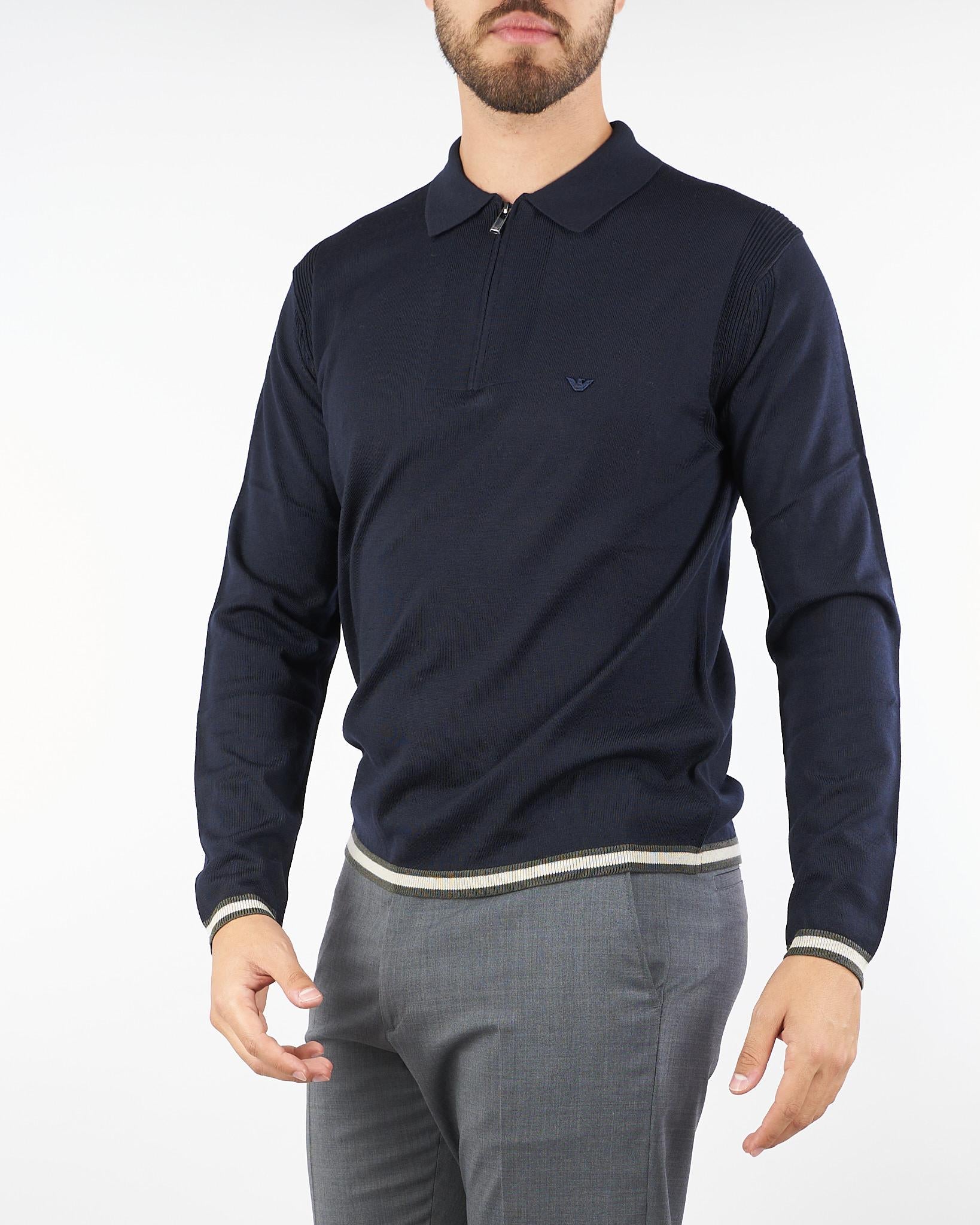 Maglia Polo Blu in lana rasata con zip EM001512AF14158 UB118 EMPORIO ARMANI 