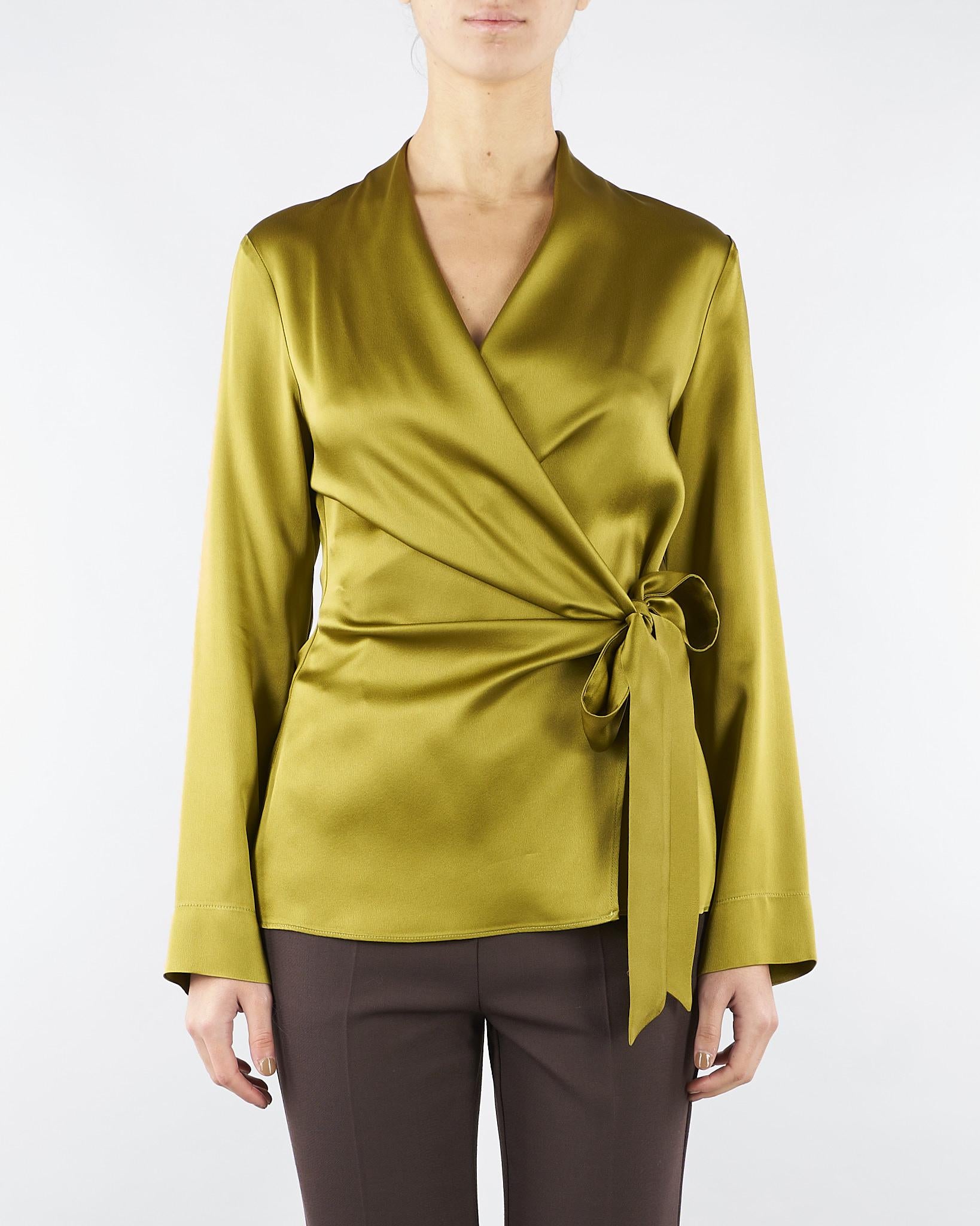 Camicia Verde Olio in raso con chiusura a kimono A3049420 88 CLIPS 