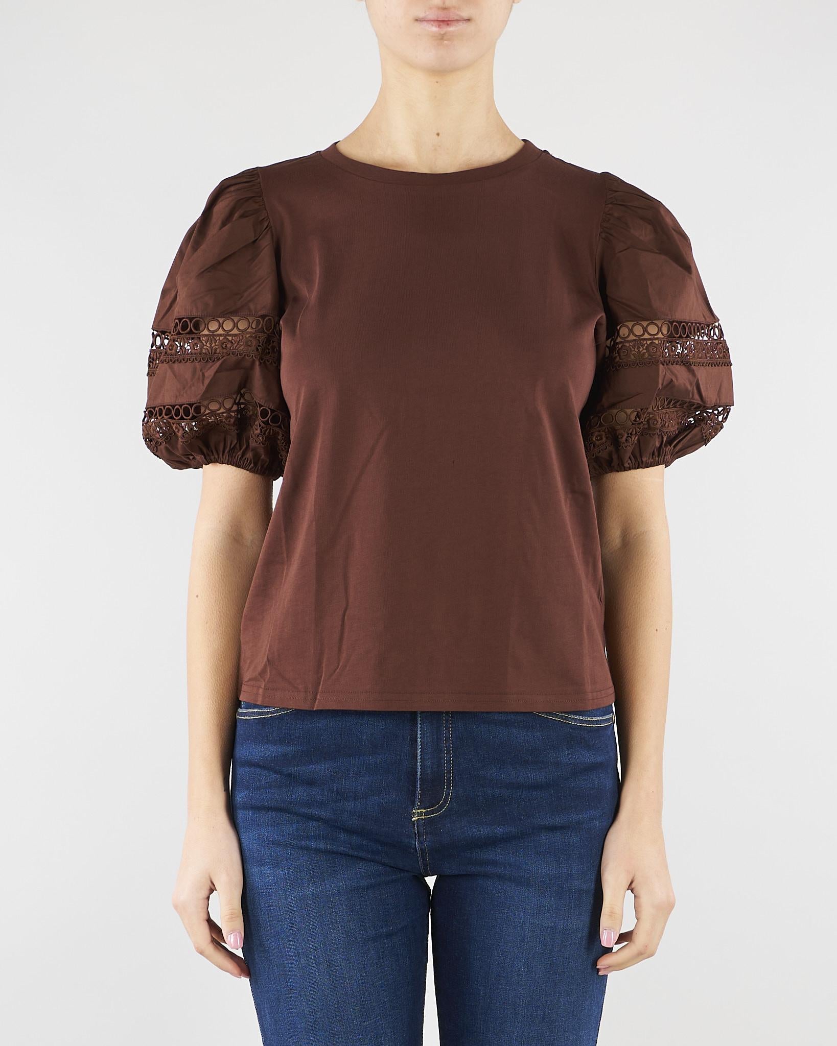 T-shirt Coffe con maniche a sbuffo e ricamo sangallo TT2260 12110 TWIN SET 