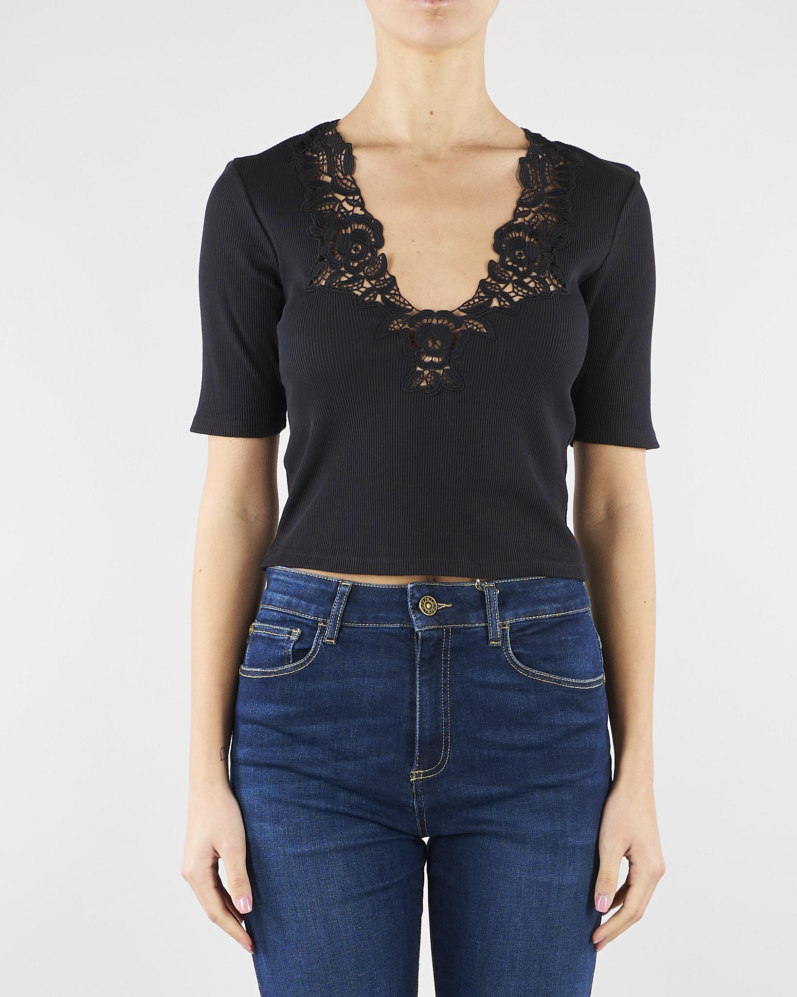 T-shirt Nero a costine con pizzo TT2361 6 TWIN SET 
