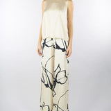 Pantalone a fantasia Crema-Nero in viscosa con elastico in vita