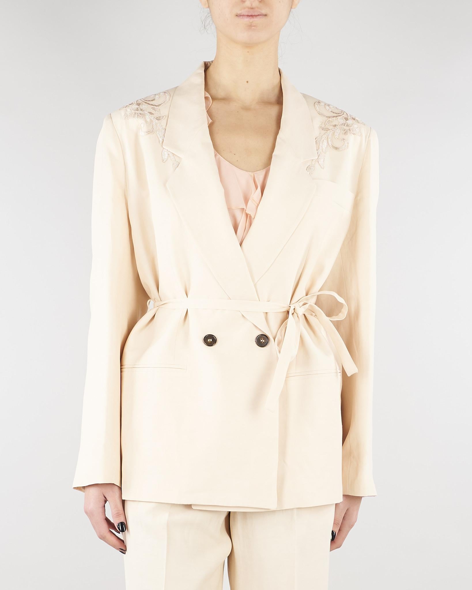 Giacca Over Crema in misto lino con ricamo RA6091T8823 P9545 BLUGIRL 