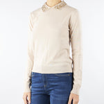 Maglia Crema in misto lana e cashmere con colletto e pietre gioiello RI5NT008 1018 ICONA 