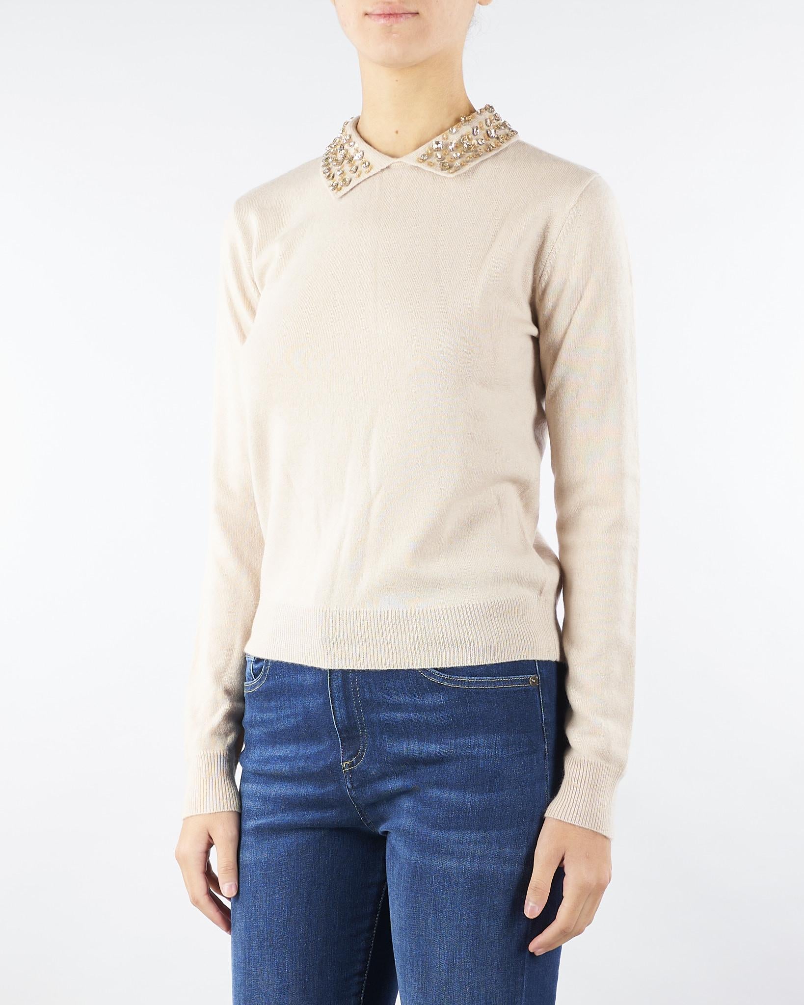 Maglia Crema in misto lana e cashmere con colletto e pietre gioiello RI5NT008 1018 ICONA 