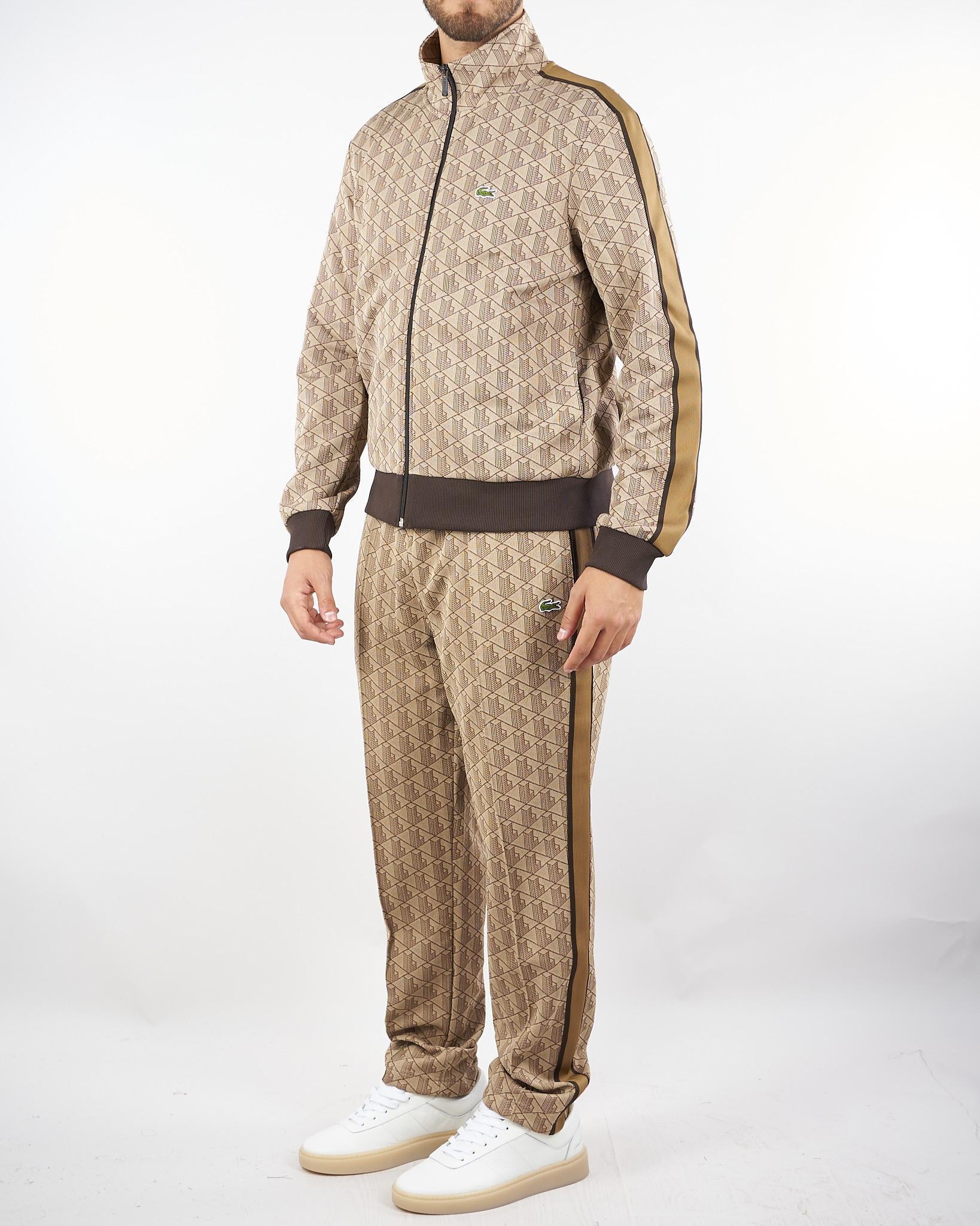 Felpa Beige in jacquard monogram con zip e logo SH1368 6IR LACOSTE 