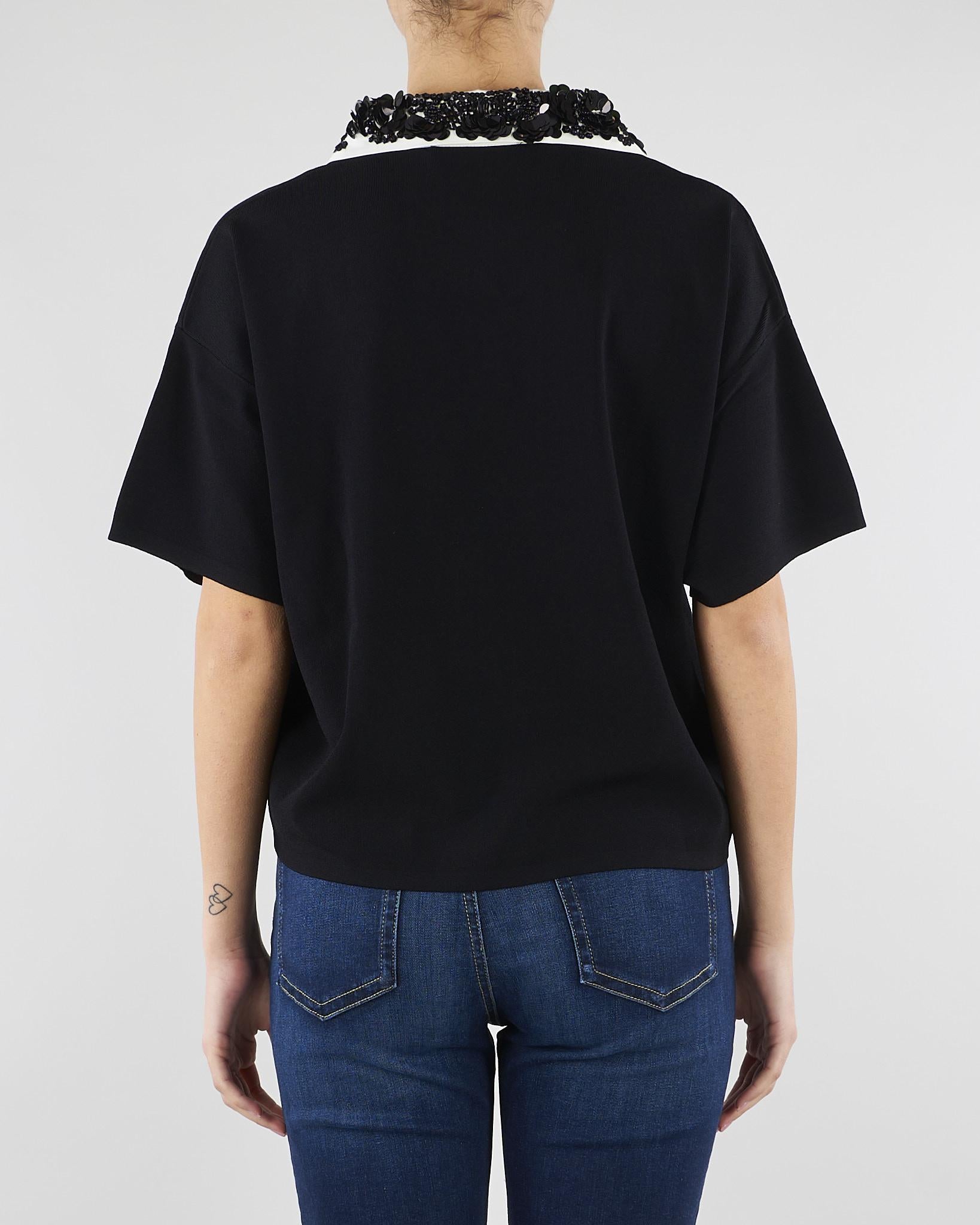 Maglia polo Nero con colletto a contrasto con applicazioni in paillettes SP5NT009 0001 ICONA 