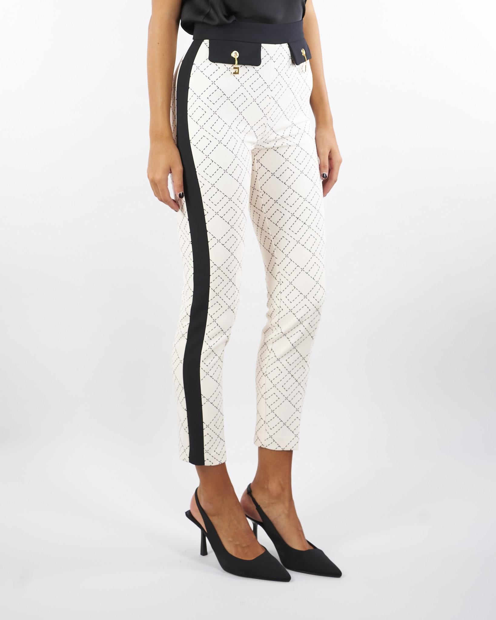 Pantaloni Milk-Nero bi-color in doppio crêpe con stampa PAS0156E2 EF1 ELISABETTA FRANCHI 