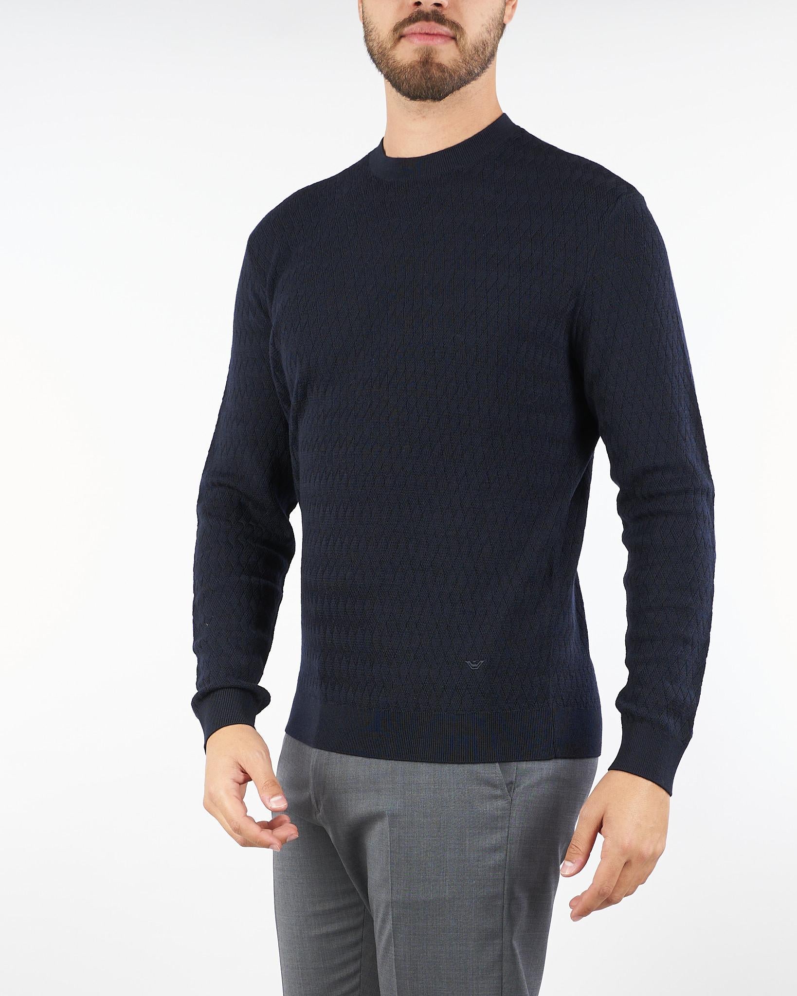 Maglia Blu in pura lana con pattern jacquard a rilievo EM002196AF138510 FB064 EMPORIO ARMANI 