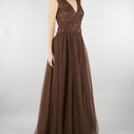 Abito lungo Marrone in tulle con ricami in pizzo D48EQ071ER4 MFB24 ERMANNO BY ERMANNO SCERVINO 