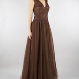 Abito lungo Marrone in tulle con ricami in pizzo D48EQ071ER4 MFB24 ERMANNO BY ERMANNO SCERVINO 