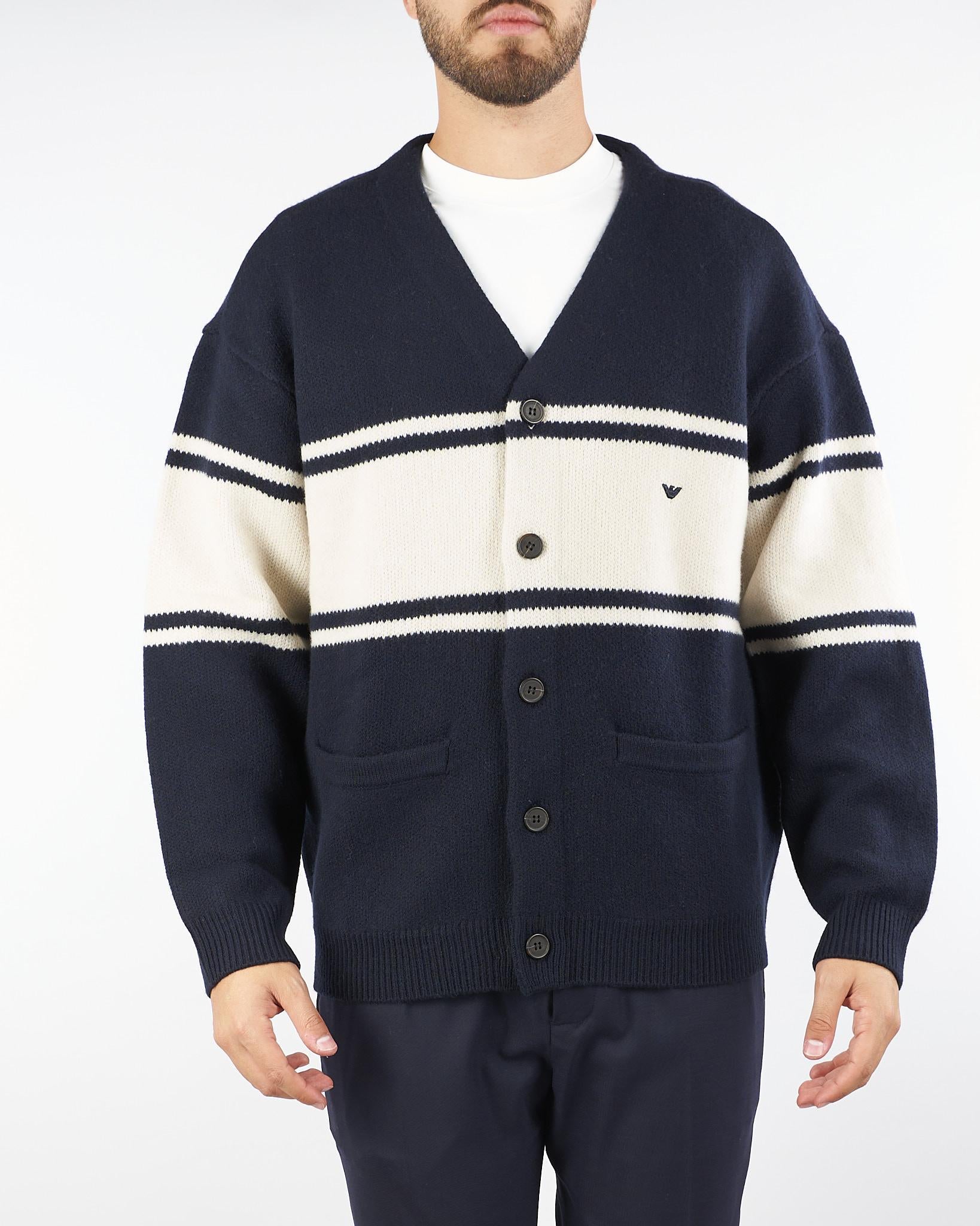 Cardigan Blu-Panna Scollo a V in lana vergine punto felpa EM002310AF19440 MB343 EMPORIO ARMANI 