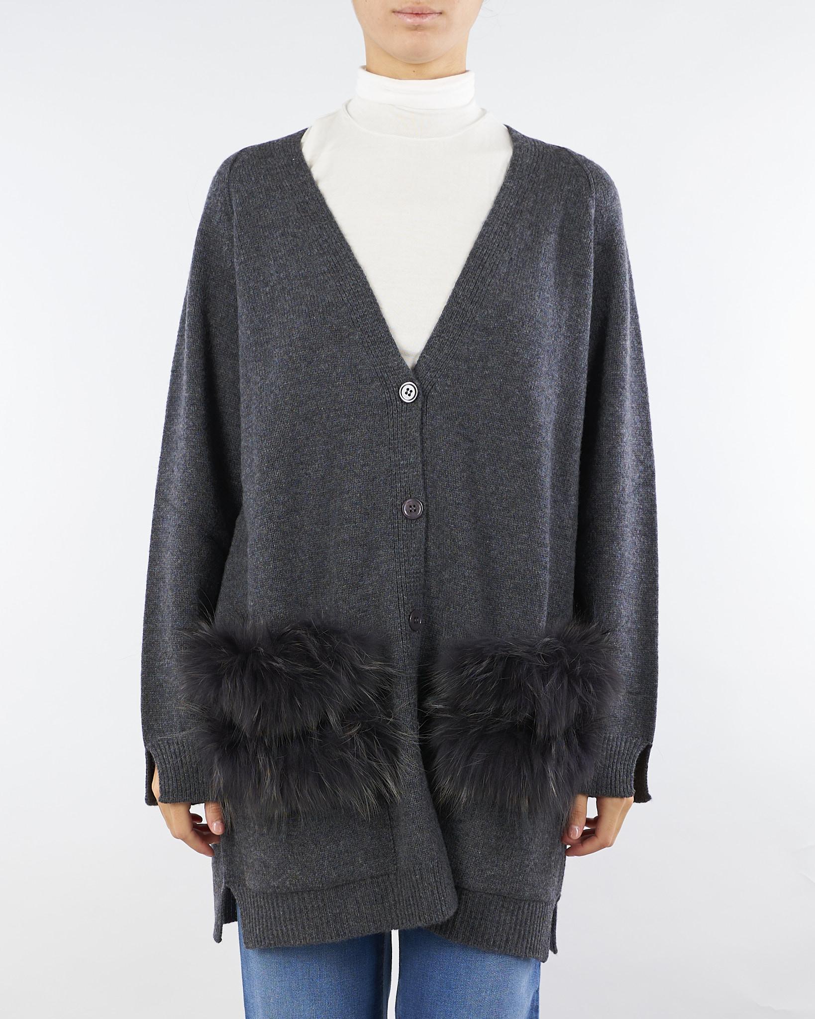 Cardigan Antracite in pura lana e cashmere con inserti in vera pelliccia V53516 98 VANISE' 