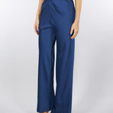 Pantaloni Blu ampi effetto satin a vita alta