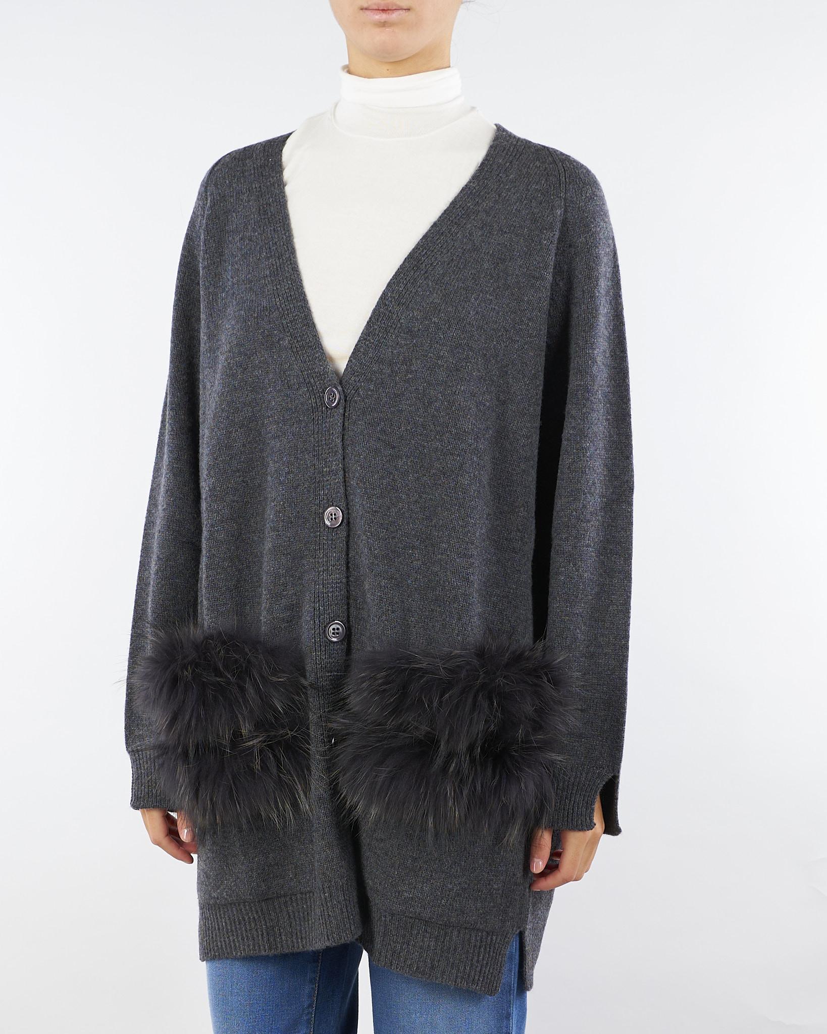 Cardigan Antracite in pura lana e cashmere con inserti in vera pelliccia V53516 98 VANISE' 