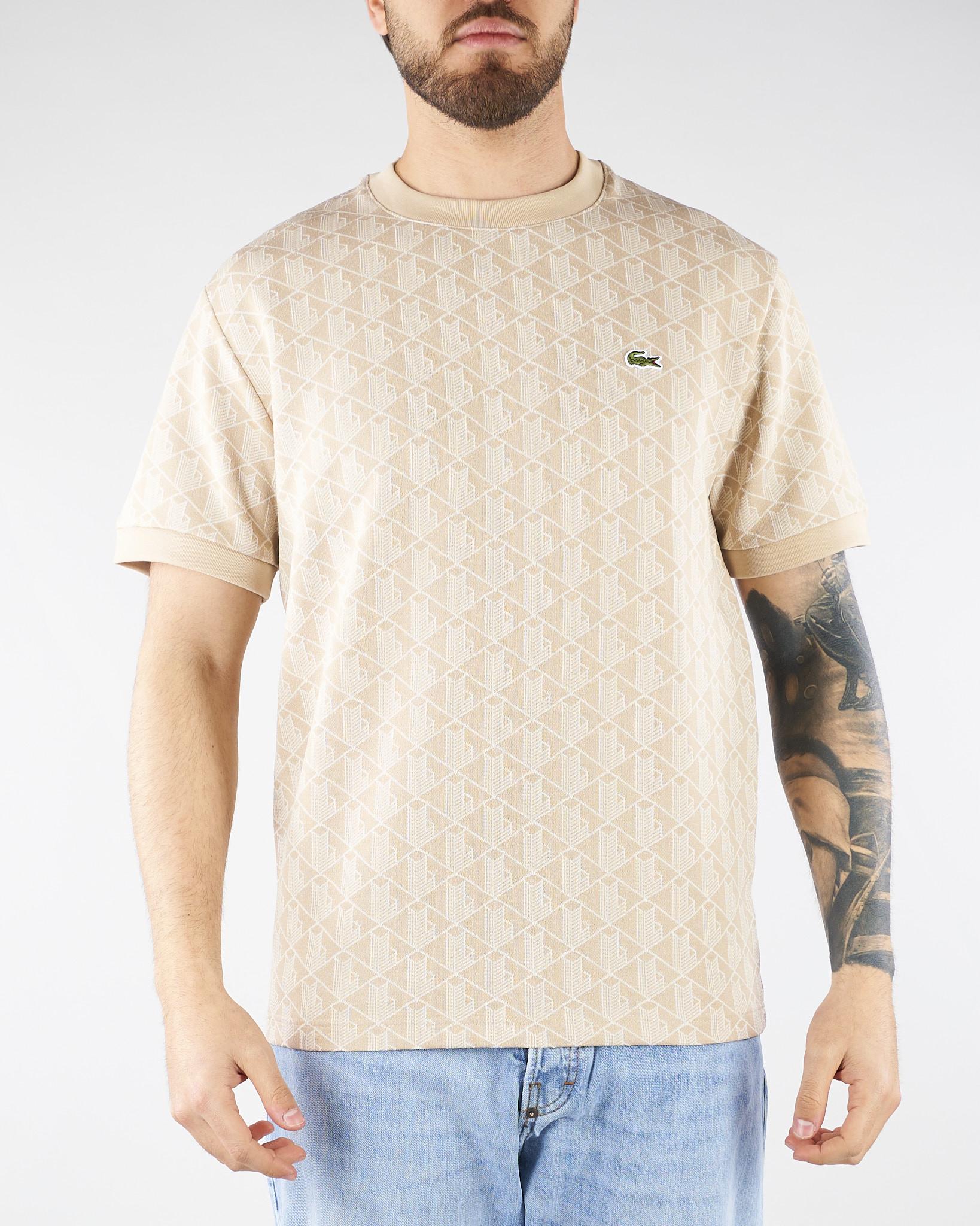 T-shirt Beige slim fit con monogramma jacquard TH1197 8GI LACOSTE 