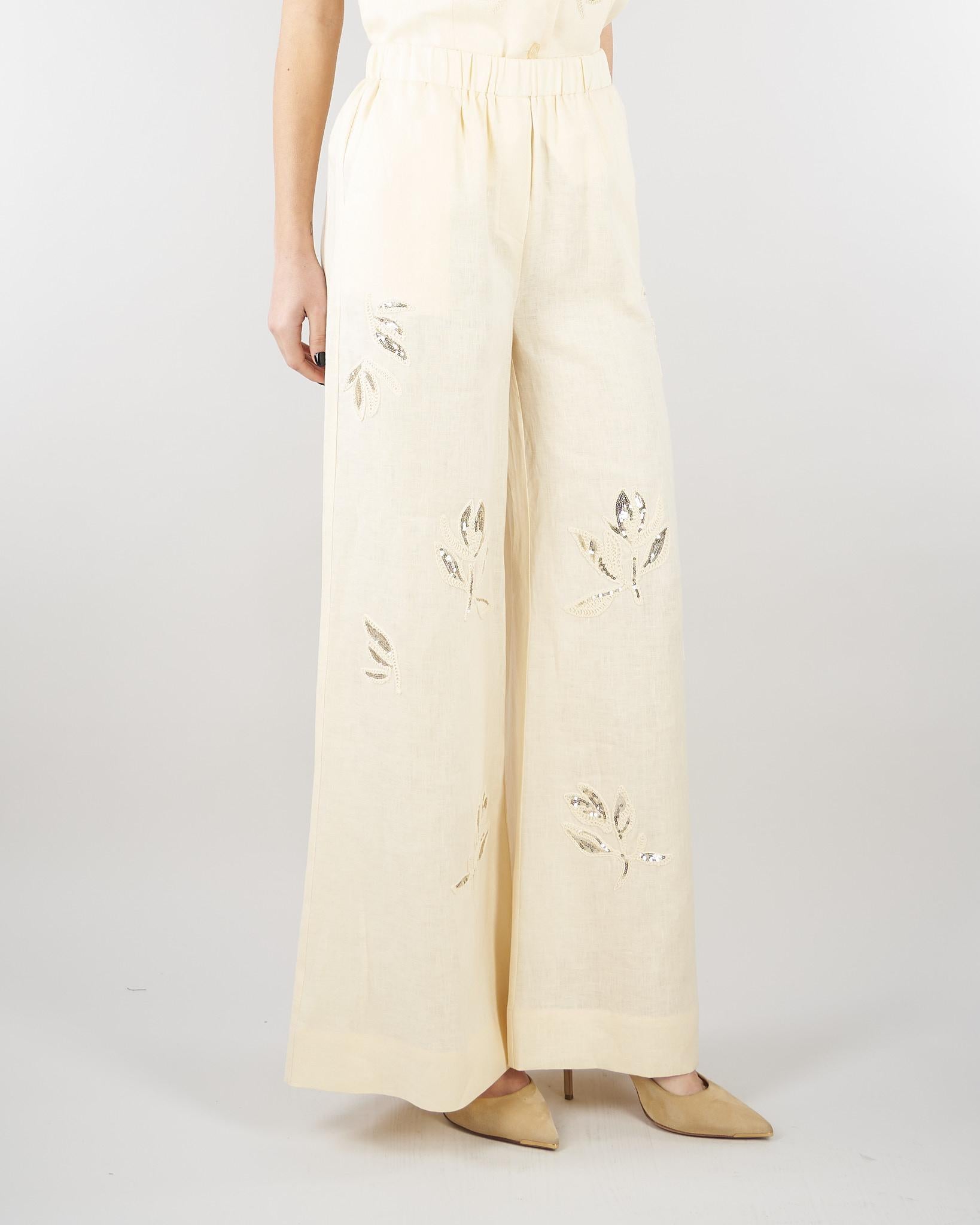 Pantalone Ecru in lino con ricami in paillettes SP5NT052 1004 ICONA 
