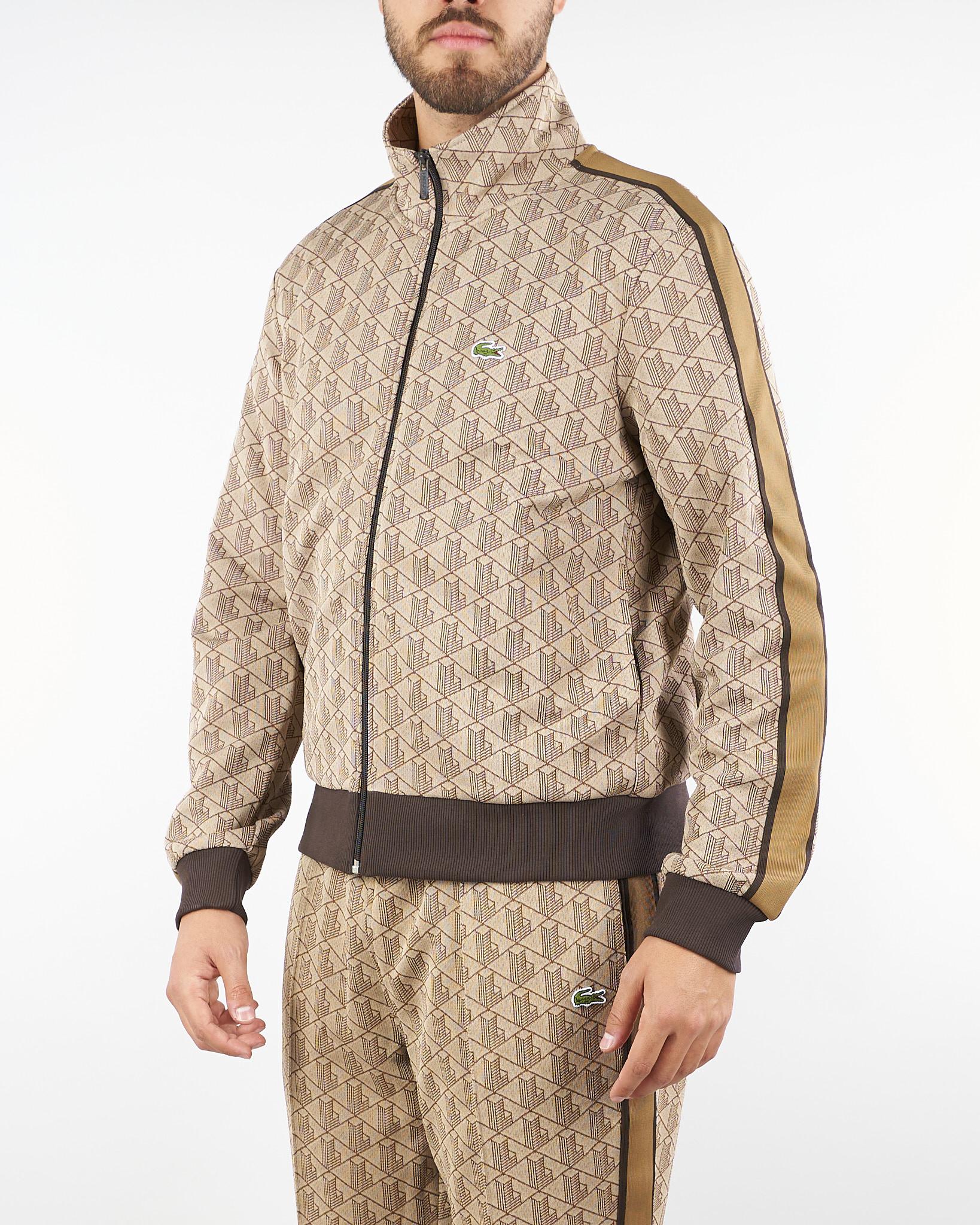 Felpa Beige in jacquard monogram con zip e logo SH1368 6IR LACOSTE 