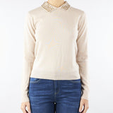 Maglia Crema in misto lana e cashmere con colletto e pietre gioiello RI5NT008 1018 ICONA 