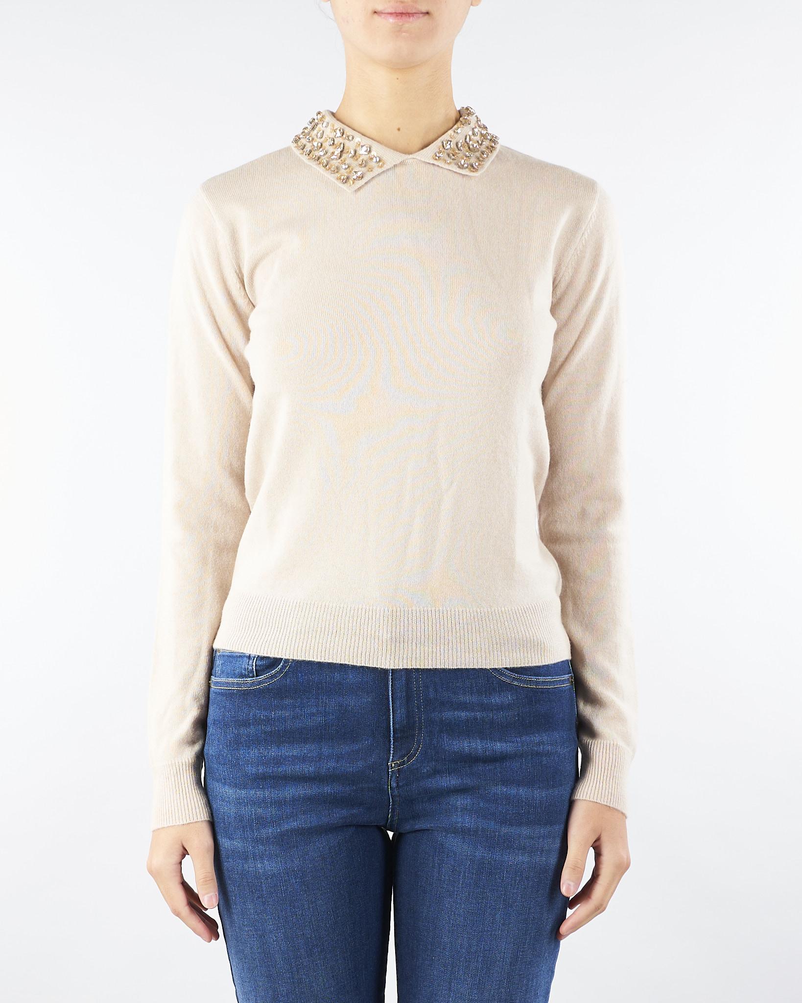 Maglia Crema in misto lana e cashmere con colletto e pietre gioiello RI5NT008 1018 ICONA 