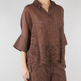 Camicia Marrone a kimono in mussola con ricamo sangallo D48EK022EN0 MFB24 ERMANNO BY ERMANNO SCERVINO 