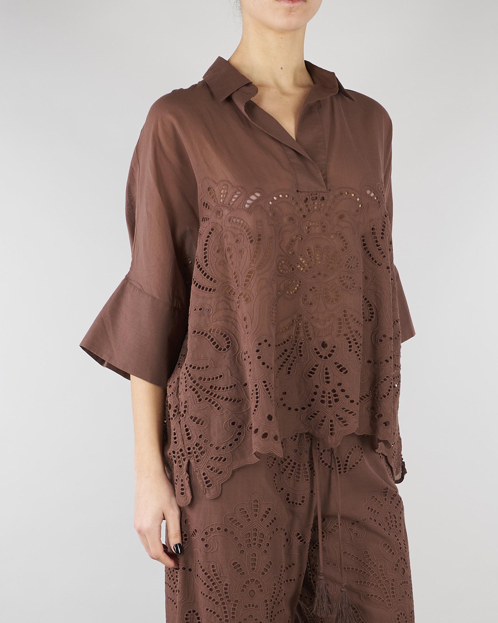 Camicia Marrone a kimono in mussola con ricamo sangallo D48EK022EN0 MFB24 ERMANNO BY ERMANNO SCERVINO 