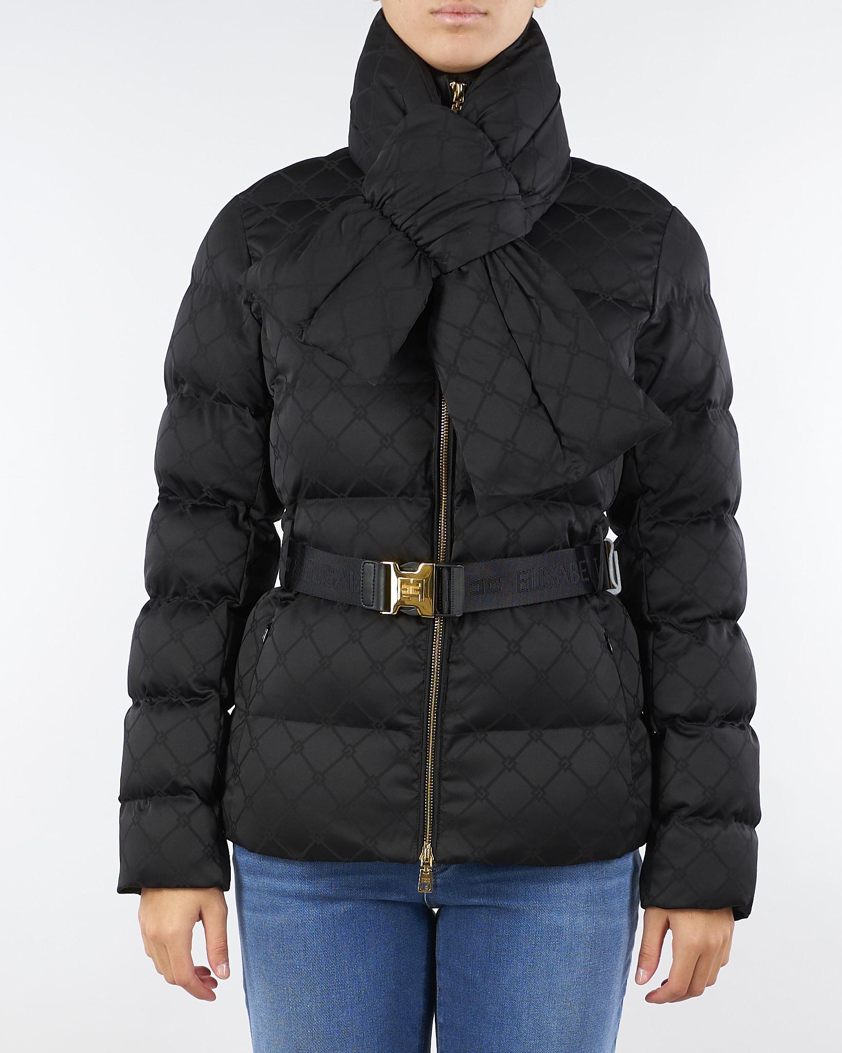 Piumino Nero in tessuto vela jacquard con cintura PI83D56E2 110 ELISABETTA FRANCHI 