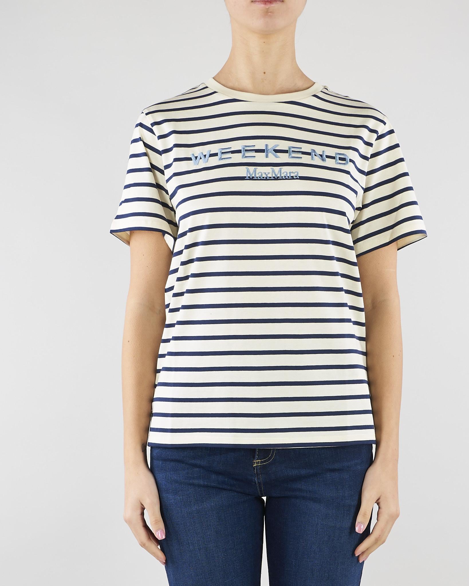 T-shirt Bianco-Blu a righe in jersey con stampa WKDBORA 5 MAX MARA WEEKEND 