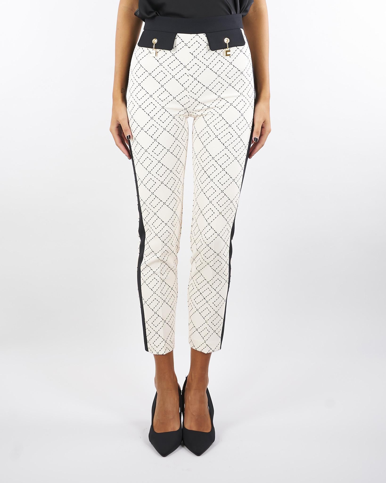 Pantaloni Milk-Nero bi-color in doppio crêpe con stampa PAS0156E2 EF1 ELISABETTA FRANCHI 