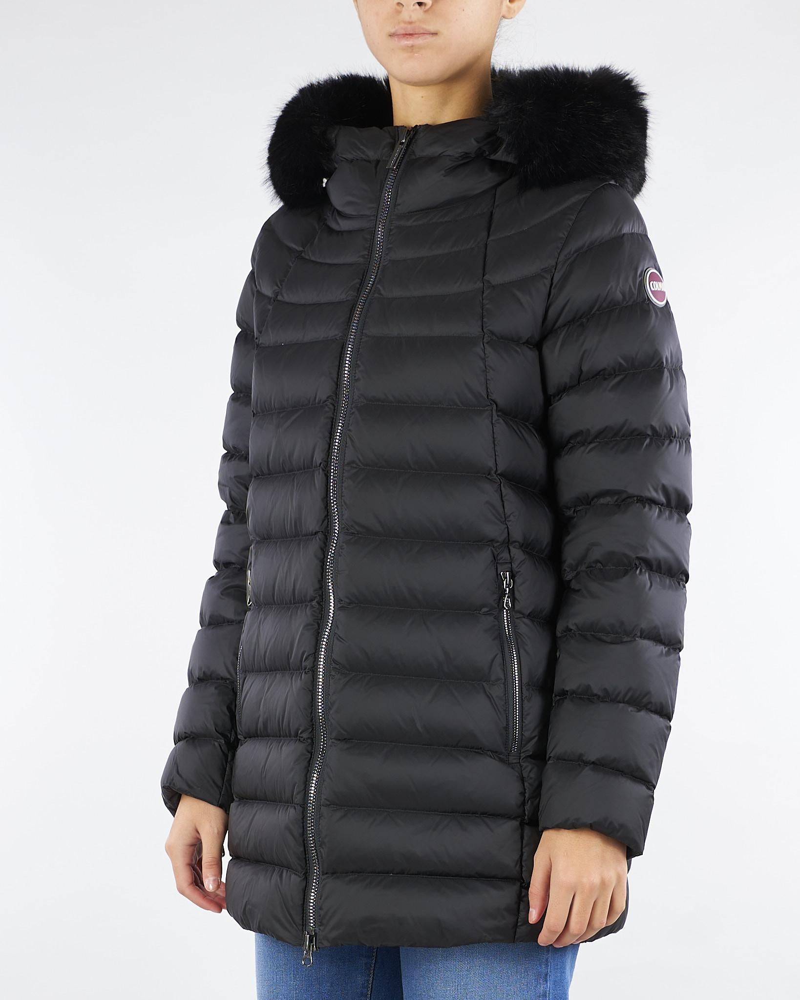 Piumino Nero a trapezio con cappuccio e vera pelliccia 2233E2Y0 99 COLMAR 