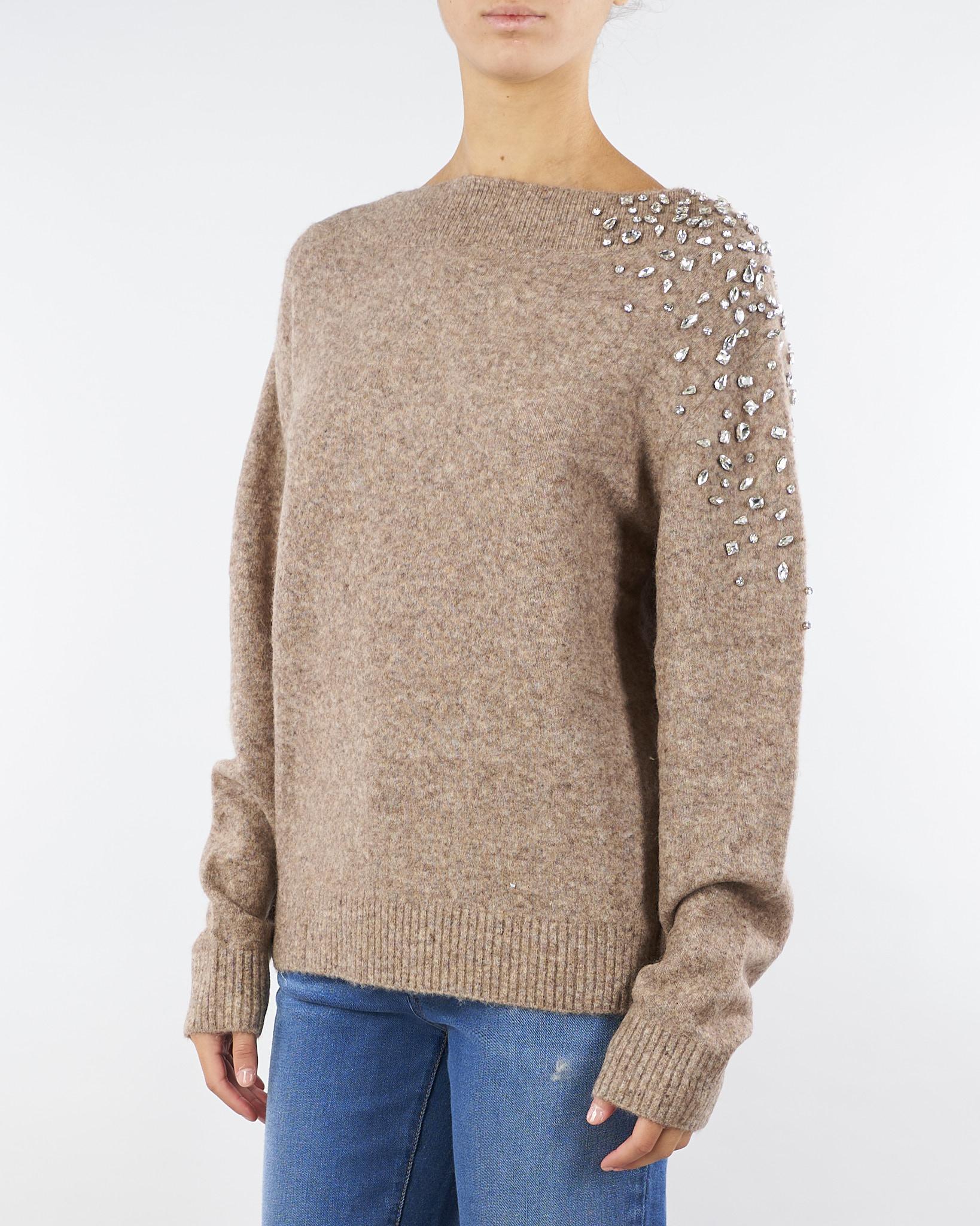 Maglia Tortora in lana ed alpaca con ricamo in pietre gioiello MT3841910723 054 SEVENTY 